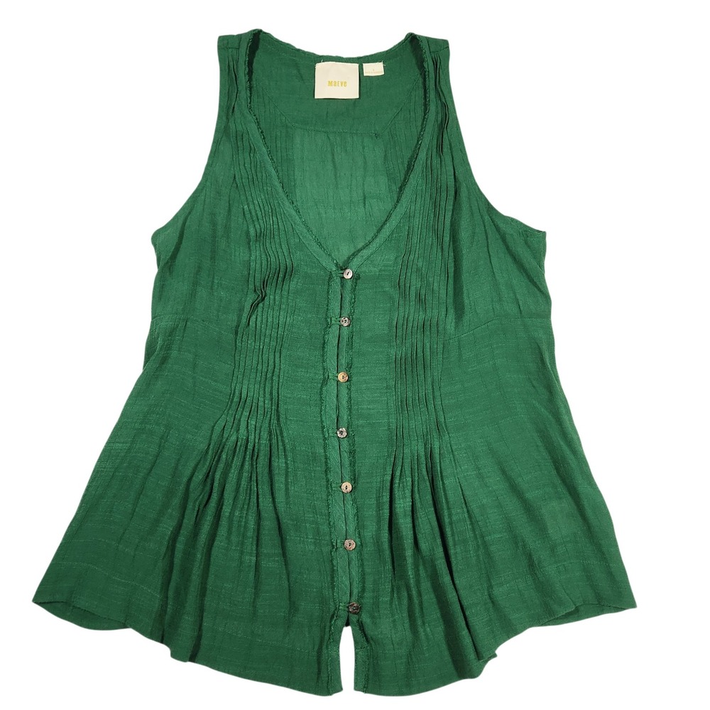 Maeve Anthropologie Green Pintuck Sleeveless Babydoll Blouse Top Small Emerald - Picture 2 of 10